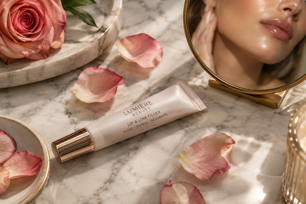 Ageless Lip & Line Filler beauty lifestyle photo on marble surface with rose petals